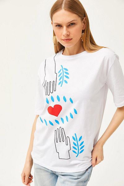 Olalook Women's Ecru Hand Heart Printed Comfortable Fit T-Shirt TSH-19000781