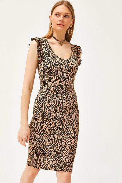 Olalook Γυναικείο φόρεμα Zebra Mink V-Neck Shoulder Ruffle Crystal Viscose ELB-19002060