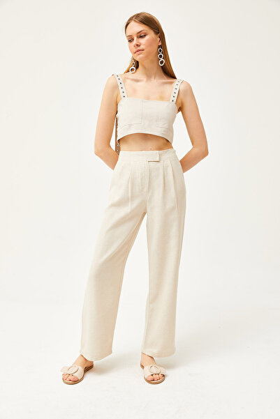 Olalook Kadın Taş Cırtlı Pileli Palazzo Keten İçerikli Pantolon PNT-19000260
