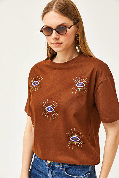 Olalook Női keserűbarna szemű nyomott póló habszivacs részlettel TSH-19000770