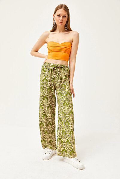 Olalook Kadın Şal Haki Desenli Dokuma Viskon Palazzo Pantolon PNT-19000264