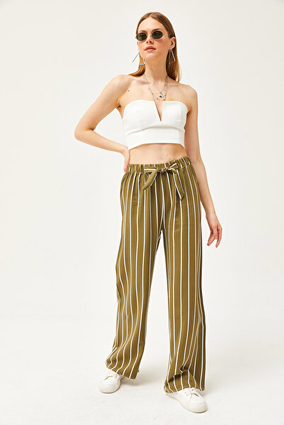 Olalook Kadın Çizgili Haki Desenli Dokuma Viskon Palazzo Pantolon PNT-19000264