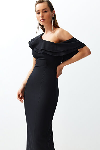 Trendyol Collection Μαύρο Bodycon Flounced Weaving Κομψό βραδινό φόρεμα μακρύ φόρεμα TPRSS24AE00066