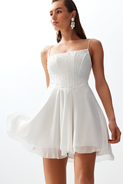 Trendyol Collection White Pearl Woven - Rochie scurta de nunta de seara TPRSS24EL00129