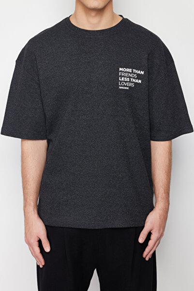Trendyol Collection Anthracite Color Oversize Printed Waffle T-Shirt - TMNSS24TS00088