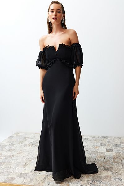 Trendyol Collection Чорна вечірня сукня ACesim на підкладці з тканим сифоном в обтяжку TPRSS22AE00047
