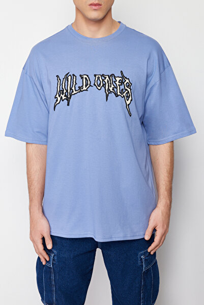 Trendyol Collection Oversize modré tričko z vyšívané látky - 100% bavlna TMNSS24TS00101