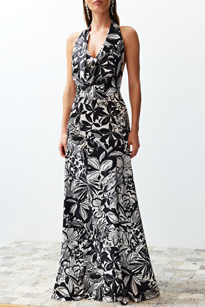 Trendyol Collection Πολύχρωμο μοτίβο λουλουδιών Degaje γιακά υφαντό σατέν μακρύ βραδινό φόρεμα TPRSS24AE00002