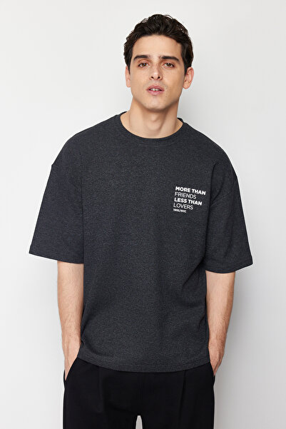 Trendyol Collection Anthracite Color Oversize Printed Waffle T-Shirt - TMNSS24TS00088
