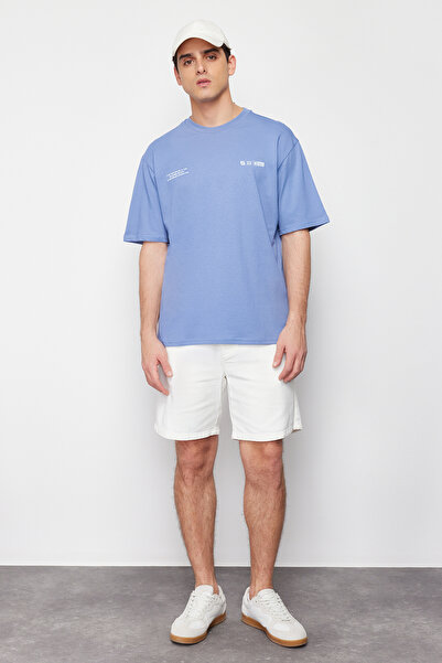 Kolekcia Trendyol Modré bavlnené tričko nadmernej veľkosti s potlačou - Tmnss24Ts00071