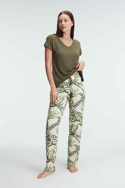 ANIL AMBALAJ Short Sleeve V-Neck Women's Viscose Floral Patterned Summer Knitted Lace Detailed Pajamas Set