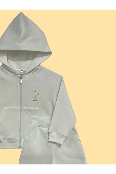 DGK COLLECTİON Soft Zippered Hooded Girl's Set of 2 with Daisy Embroidery Detail