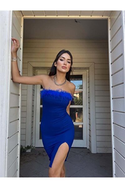 Mekafashion Darell Otriş Detay Elbise 582408 SAKS MAVİSİ
