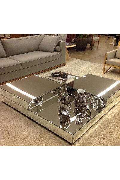 LUXURY VİLLA Luxury Gümüş Aynalı Tekerlekli Orta Sehpa 90x90 Yükseklik 28 Cm