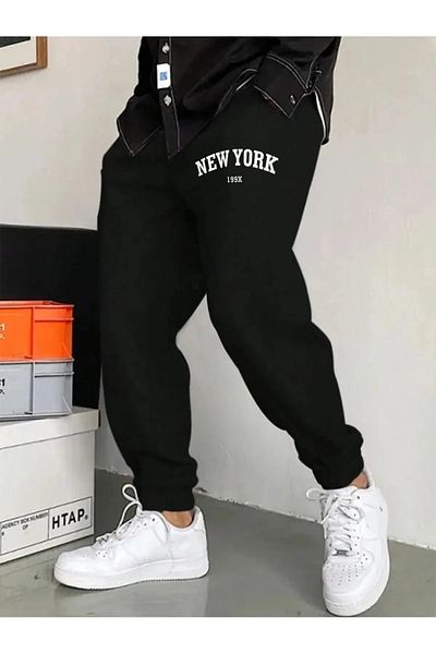 AEMİ Unisex NEW YORK εμπριμέ ψηλόμεσο ελαστικό πόδι Jogger μαύρο φούτερ
