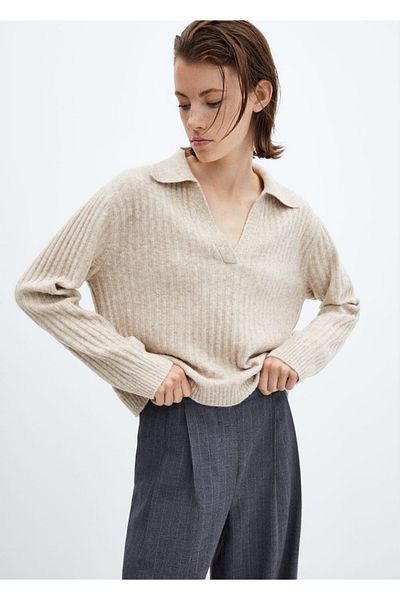 MANGO Woman Pulover din tricot din cauciuc cu decolteu în V