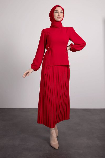 Lamia Giyim Red Hijab Pleated Tunique Set - Adjustable