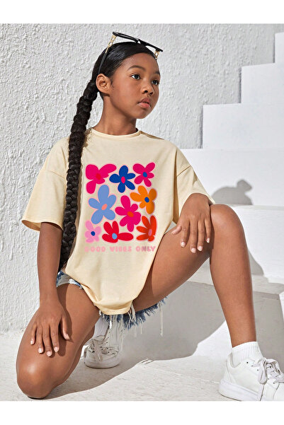 BYMEER παιδικό πολύχρωμο λουλούδι μπεζ μπλουζάκι oversize