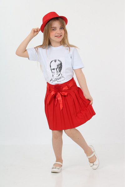 Çello mello Girl's Double Sided T-Shirt Ataturk And Turkish Flag And Linen Skirt