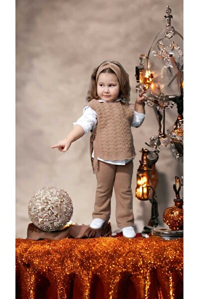 Meriç bebe Комплект трикотаж за момиче от 3 части с лента за коса, панталон, отворени страни и детайли за връзка, ажурни плетени пуловери