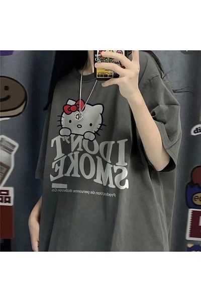 Gofeel I Dont Smoke Kitty Detail Unisex Oversize Pattern T-Shirt