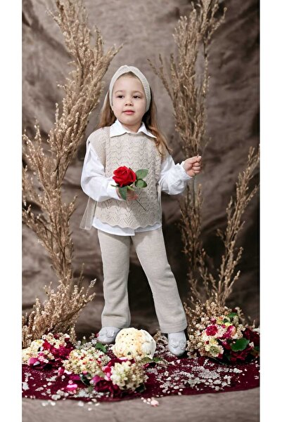 Meriç bebe Girl's 3-Piece Knitwear Set with Hair Band, Trousers, Open Sides and Tie Detail, Openwork Knitted Sweaters