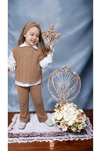 Meriç bebe Комплект трикотаж за момиче от 3 части с лента за коса, панталон, отворени страни и детайли за връзка, ажурни плетени пуловери