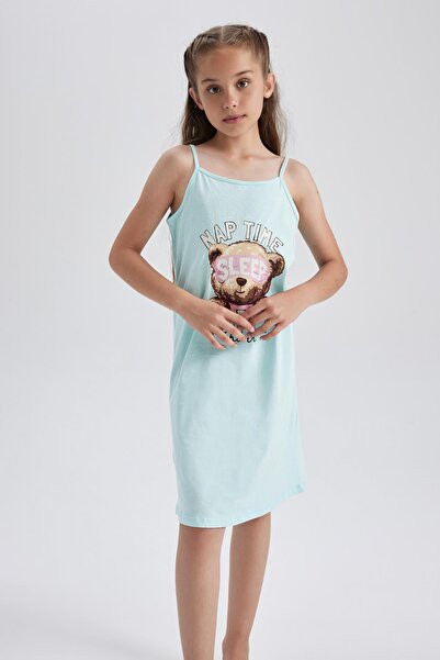 DeFacto Kız Çocuk Regular Fit Ayıcık Baskılı Askılı Pamuklu Gecelik