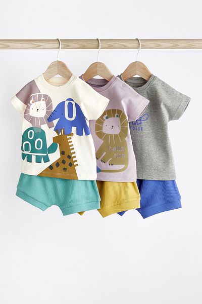 Next Baby 100% Cotton Blue Elephant Patterned 3-Piece Shorts Top and Bottom Set