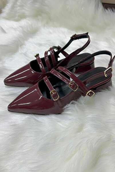 Nstil Daily Women's Patent Leather Pointed Toe Adjustable Belted Helmet Short Block Heeled Shoes 455