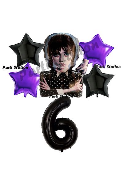 Parti Station 6 Years Old Wednesday Addams Black Purple Birthday Balloon Set