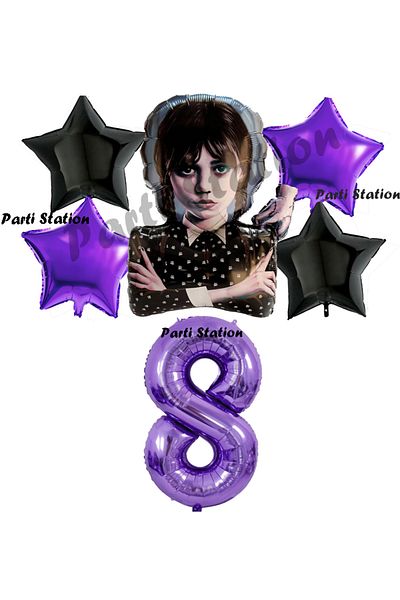 Parti Station Wednesday Balloon Set 8 Years Old Wednesday Addams Purple Number Balloon Concept Birthday Party Balloon Set
