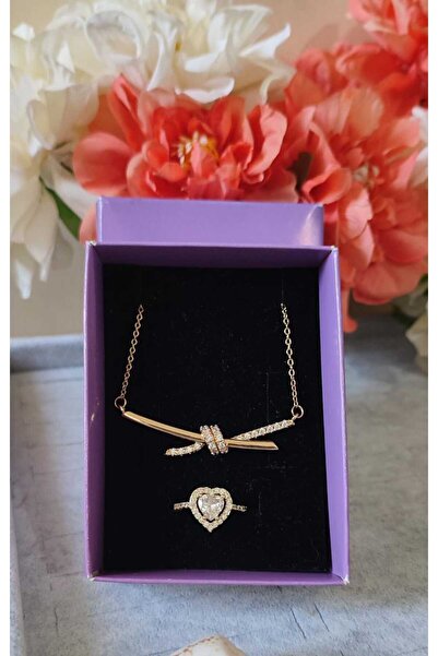 HKN AVM ACCESSORİES Kalpli Yüzük Çivi Model Kolye Set