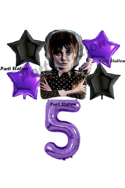 Parti Station Wednesday Balloon Set 5 Years Old Wednesday Addams Purple Number Balloon Concept Birthday Party Balloon Set