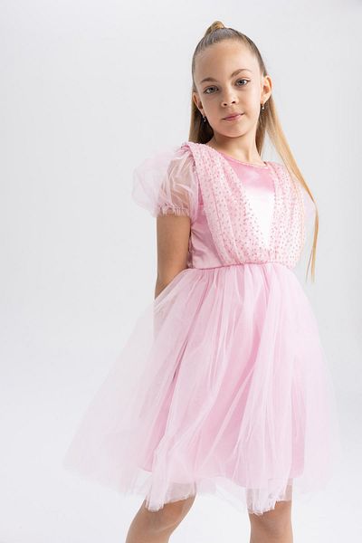 DeFacto Girl's Crew Neck Short Sleeve Tulle Dress Y7210a622sm