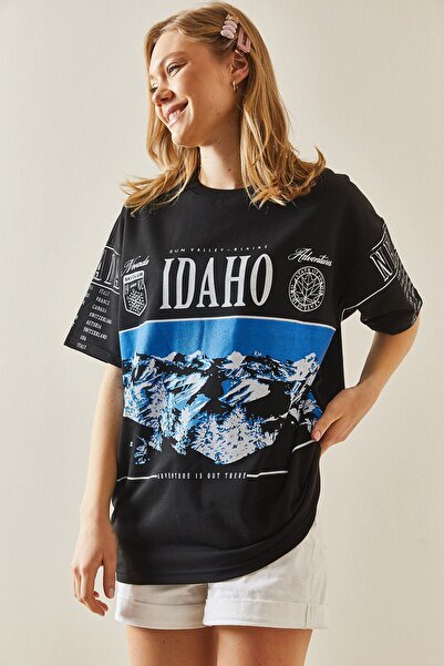 XHAN Siyah Baskılı Bisiklet Yaka Oversize T-Shirt 5YXK1-48004-02