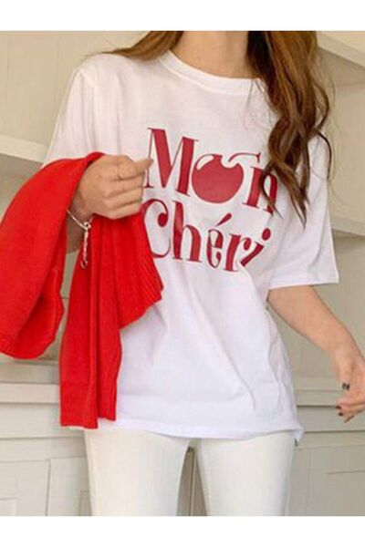 AMMA Γυναικείο μπλουζάκι White Mon Cheri με στάμπα 100% βαμβάκι