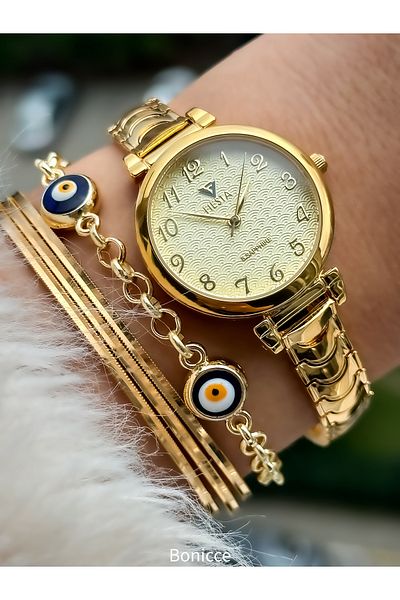 Fiesta Gold Color Steel Cord Numeral Women's Wristwatch Mother's Day Gift