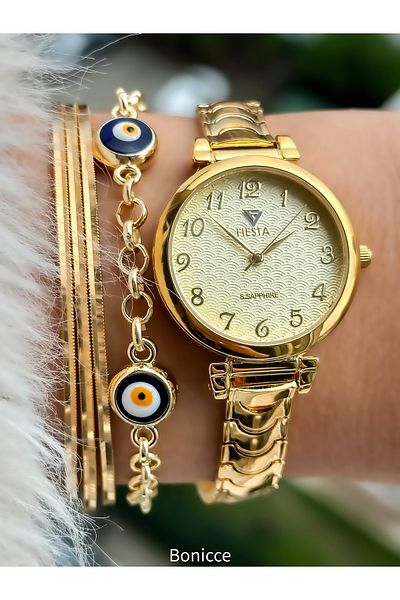 Fiesta Gold Color Steel Cord Numeral Women's Wristwatch Mother's Day Gift