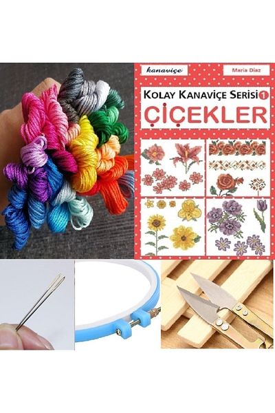 ALMİŞ Flower Cross Stitch Set 25 Threads+Cross Stitch Book+Thread Cutting Apparatus+6 Needles +21 cm Pulley+Fabric