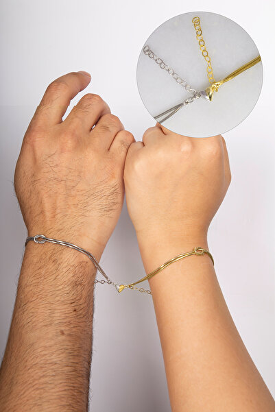 klas gümüş GÜMÜŞ KADER DÜĞÜMÜ KALP MIKNATISLI RODAJ/GOLD ÇİFT BİLEKLİK