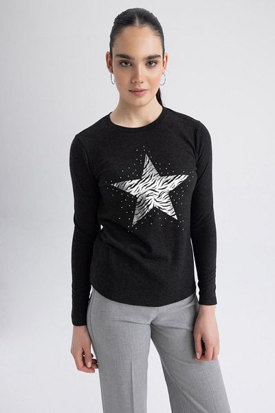 DeFacto Traditional Regular Fit Crew Neck Star Pattern Long Sleeve T-Shirt Z1505az22au