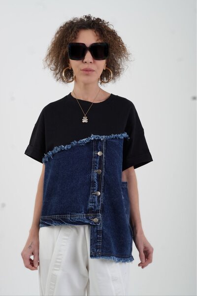 Zelish My Sister Siyah Denim Detaylı Asimetrik Tshirt