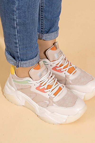 Getcho Blanca Women's Beige Multi Thick Sole Sports Shoes Mesh Surface Daily Use Stylish Comfortable Sneaker