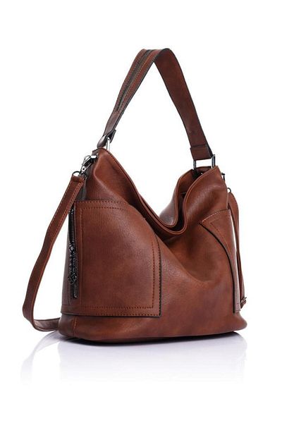 Getcho Argolis Soft Leather Large Volume Zippered Double Pocket Detailed Daily Strap Brown Women's Shoulder Bag