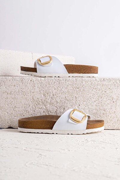 Getcho Ansev Papuci ortopedici din piele albă pentru femei, cu cataramă, confortabili, talpă din plută, papuci de casă zilnic din piele intoarsa de vară