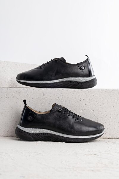 Getcho Leroy Women's Black Genuine Leather Casual Shoes – Light Sole, Lace-Up, Comfortable Design