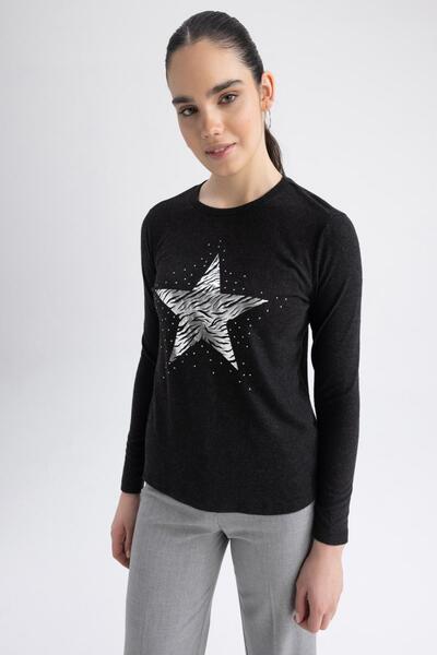 DeFacto Traditional Regular Fit Crew Neck Star Pattern Long Sleeve T-Shirt Z1505az22au