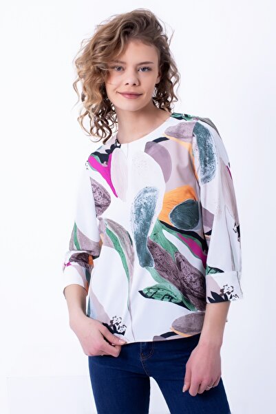 Cliche Women's Patterned Fabric Three-Quarter Sleeve Basic Blouse