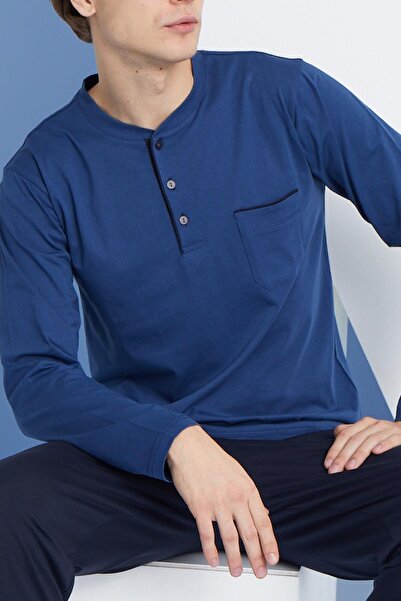 KLY Чоловічий піжамний комплект з довгими рукавами та коміром-стійкою, індиго C9T2N5O0
